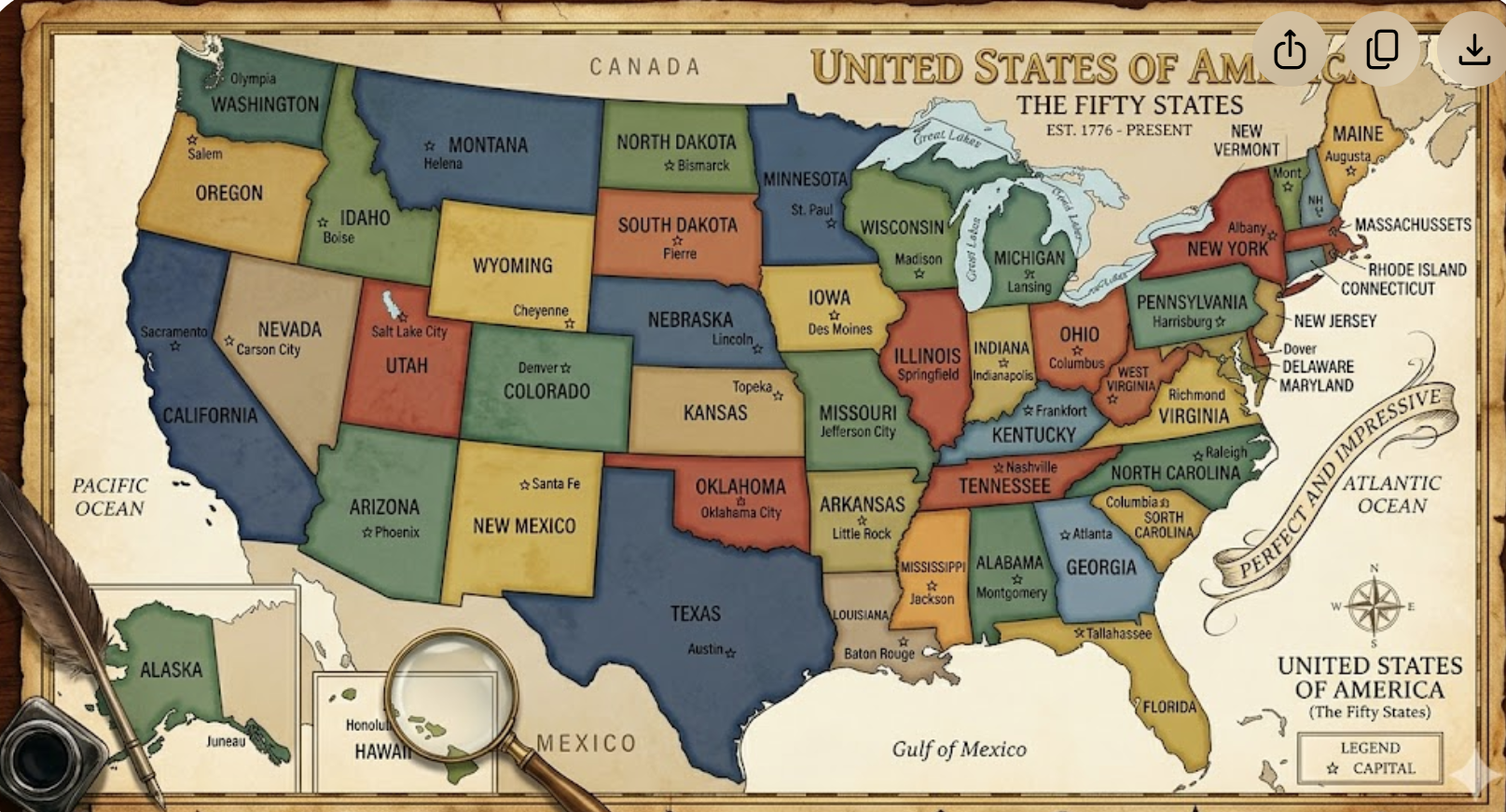 Antique-style illustrated map of the United States of America showing all 50 states and capitals