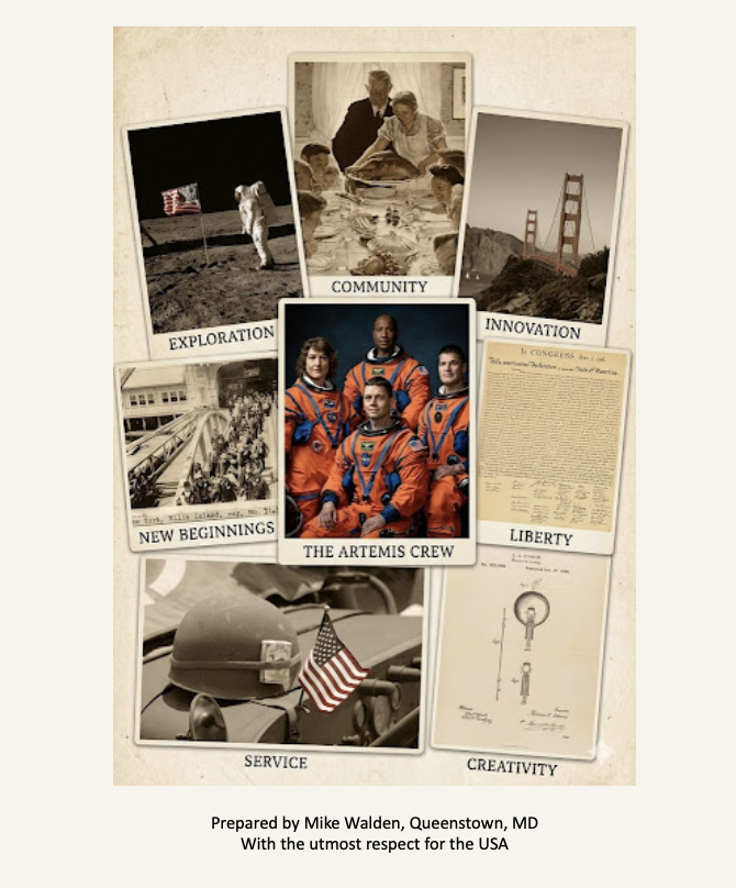 Vintage photo montage of American exceptionalism: Exploration, Community, Innovation, New Beginnings, The Artemis Crew, Liberty, Service, and Creativity