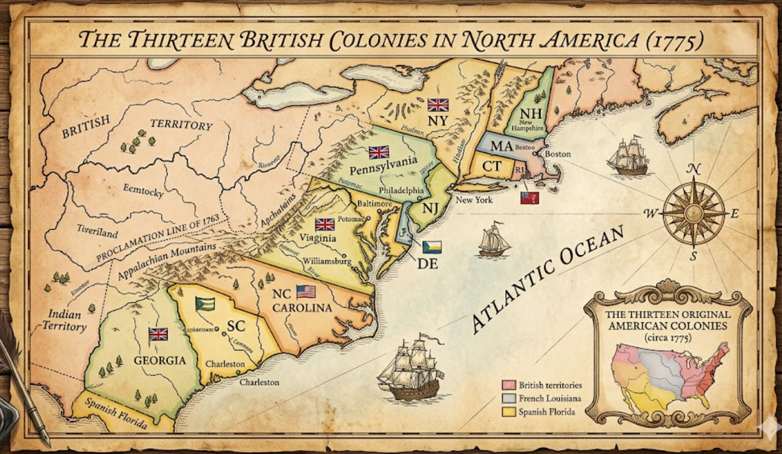 Antique-style illustrated map of the Thirteen British Colonies in North America, 1775